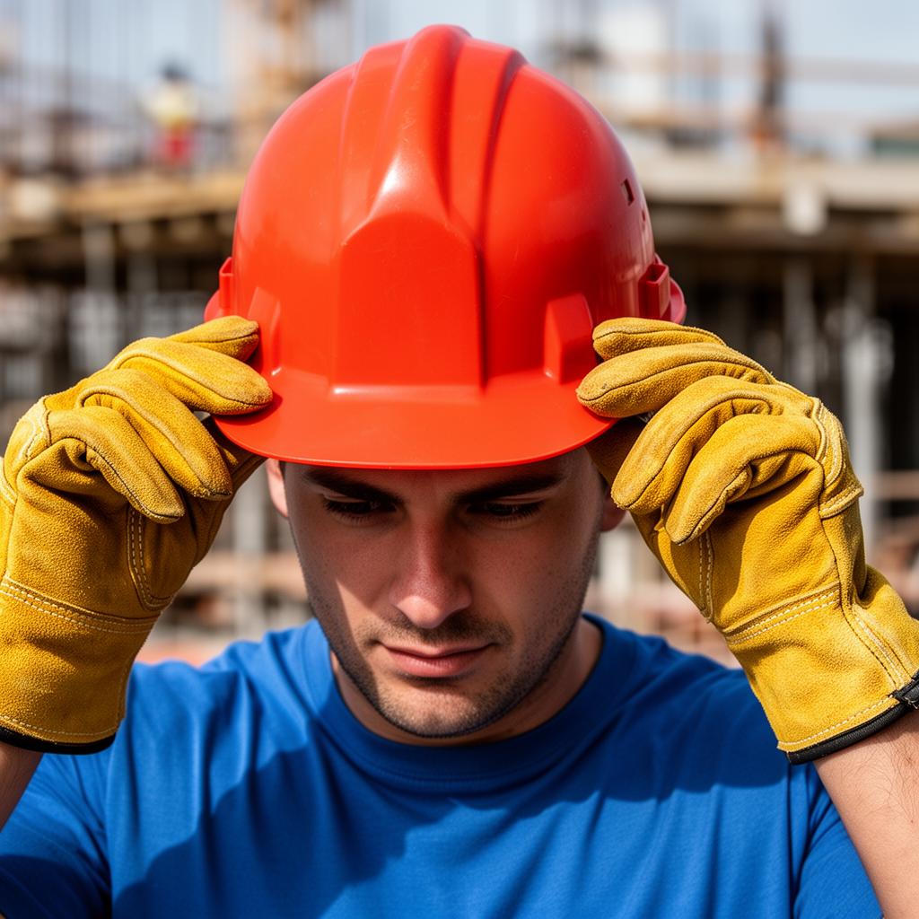 Trabajador ajustándose un casco de seguridad rojo con guantes