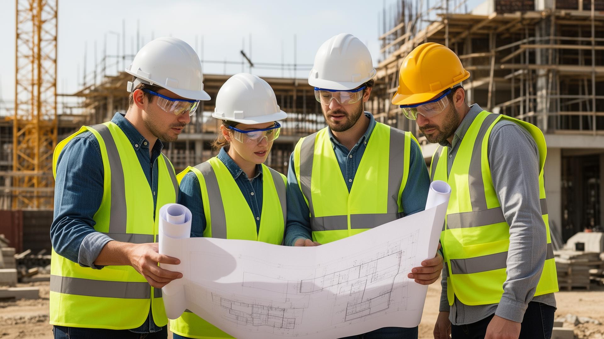 Equipo multidisciplinar de prevención de riesgos laborales revisando planos en obra